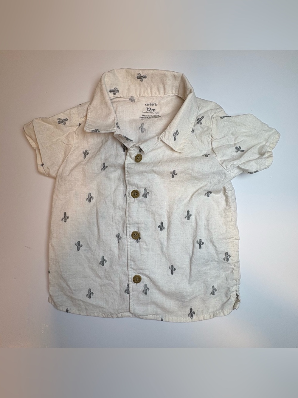 Carter’s Baby Boys White Cactus Print Button Up Shirt, Size 12M, Summer,